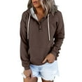 thumbnail image 3 of yoeyez Fleece Hoodie Women Buttons Collar Hooded Sweatshirts Drawstring Long Sleeve Oversize Pullover Tops Kangaroo Pocket Brown,S, 3 of 7