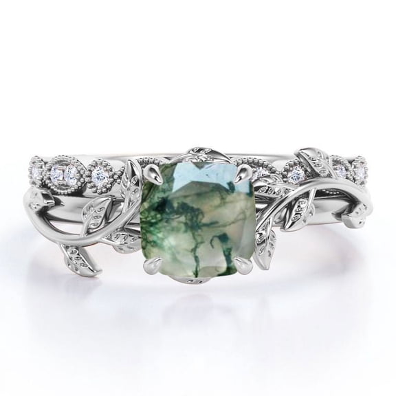JeenMata Botanical Style - 1.75 Carat Cushion Cut Opaque Milky Moss Green Agate and Moissanite - Filigree Milgrain Wedding Set - 18K White Gold Plating over Silver