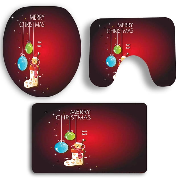 3PCS Christmas Bath Mat Set Colorful Printing Non Slip Bathroom Rug with Contour Rug & Lid Toilet Cover