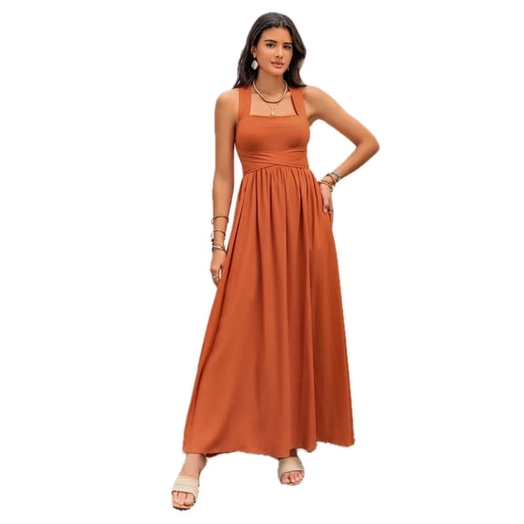 Women's Crisscross Back Smocked Square Neck Maxi Dress for Summer Events with Flowy Soft Fit 70% viscose 30% linen
