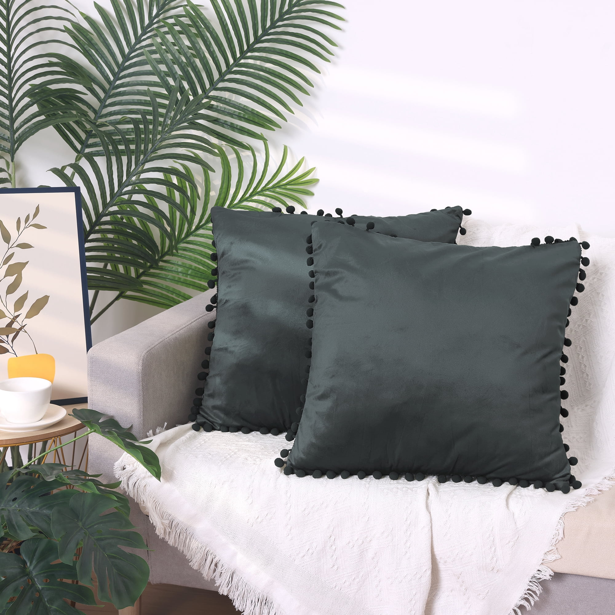 Unique Bargains 2 Velvet Throw Pillow Covers Pompoms Decorative Pillow Cases Cushion Cover Dark Gray 18" x 18"