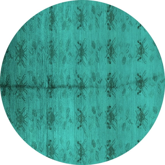 Ahgly Company Machine Washable Indoor Round Oriental Turquoise Blue Industrial Area Rugs, 4' Round