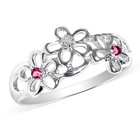 .26 tcw Brilliant Round Cut cr Ruby & Diamond Flower Design Ring .925 Sterling