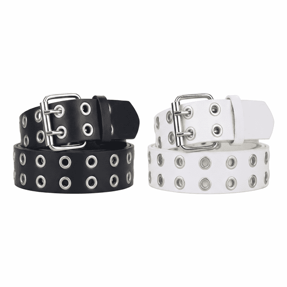 ROSEXIXI 2pcs Womens Belts 43.4in Leather Double Grommet Punk Belt With Silver Double Prong Buckle Goth Fashion Accessories For Women Clothes