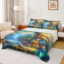 Homewish Natural Scenery Full Size Sheets,Neon Dreamy Butterfly Bed Sheets,Blue Green Gold Sheet Sets For Girls Kids,Luxury Bedroom Decor,4 Pieces