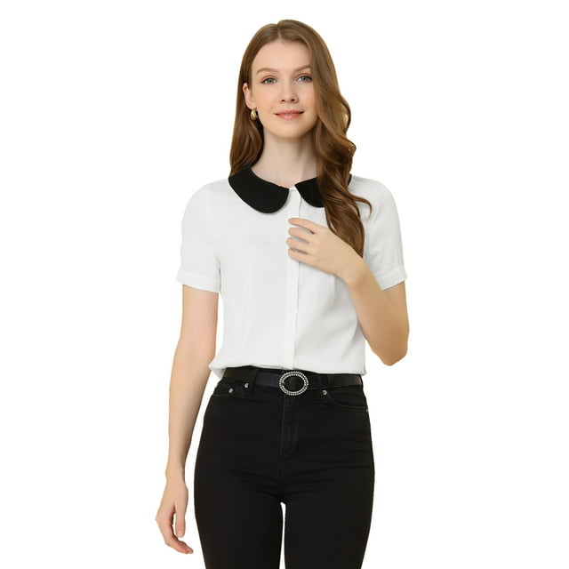 Blusa Allegra K Unique Bargains Camisa Manga Corta Cuello Peter Pan Blanco S