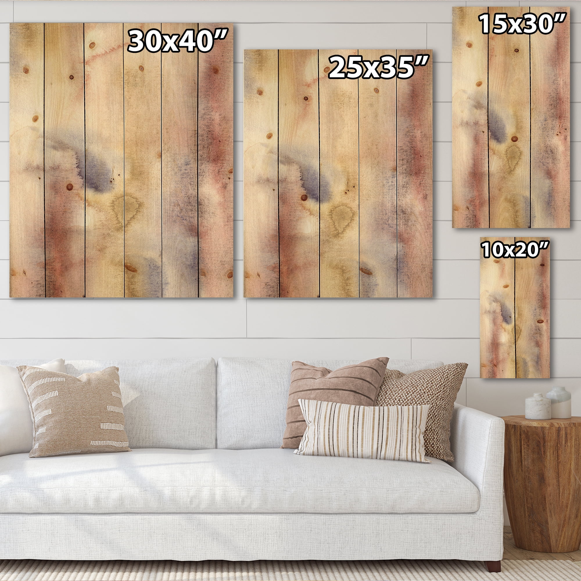 Designart 'Pastel Abstract With Pink Dark Blue and Yellow Spots' Modern Print on Natural Pine Wood