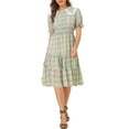 thumbnail image 2 of INSPIRE CHIC Women's Plaid Chiffon Check Tiered Smocked Midi Dress S Green Pink, 2 of 7