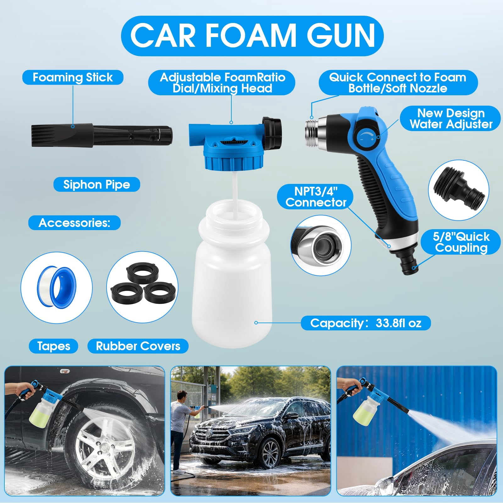 Multifunctional Blue Car Detailing Cleaning Kit, Car Wash Set with Foam Sprayer, Long Handle Wash Brush and Foldable Bucket, Ideal Car Washing Gift for All Car Owners