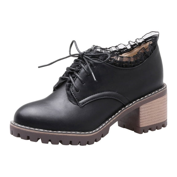 Lace Combat Boots for Women Winter Autumn Spring Leather Chunky Lugs Mid Heel Oxfords Shoes Short Dress Boots