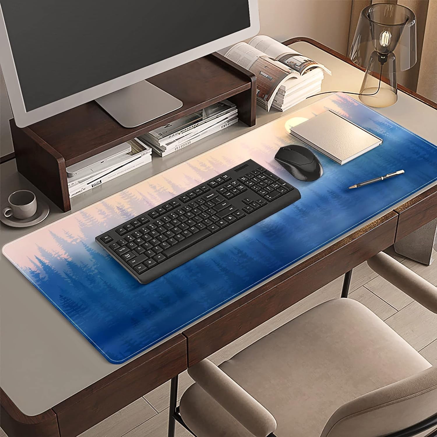 Gradient Forest Sunset Desk Mat, Desk Accessory, Cute Workspace, Trendy Workspace, Trendy, 35.4x15.7in Large Gaming Mouse Pad, Cute Desk Topper, Pretty Desk Pad