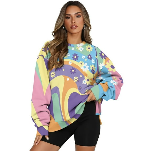SCRAWLGOD Hippie Flower Print Womens Casual Crew Neck Sweatshirt with Pockets Loose Fit Soft Long Sleeve Lightweight Pullover Drop Shoulder Tops Fall Clothes, S