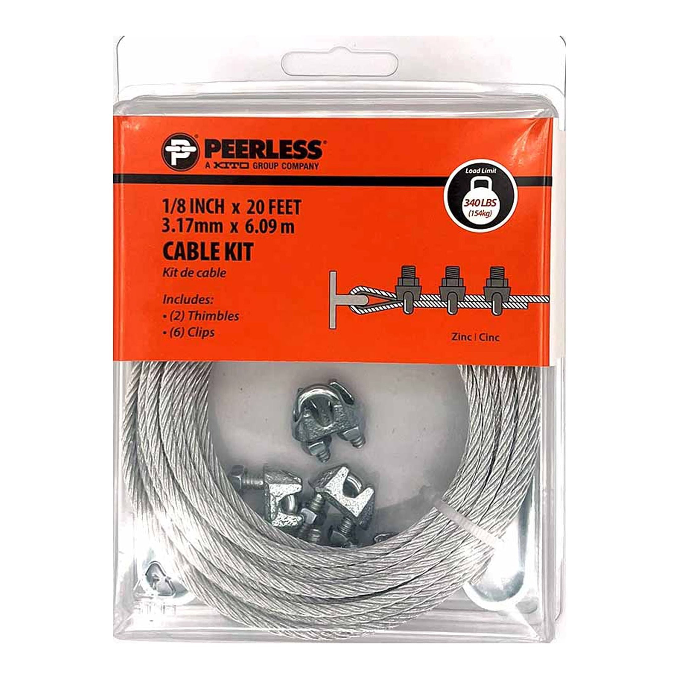 (2 pack) 1/8" Cable Wire Rope Kit with Clips and Thimbles, Galvanized Wire, Peerless Chain Company, 1/8-inch diameter, #4742520R