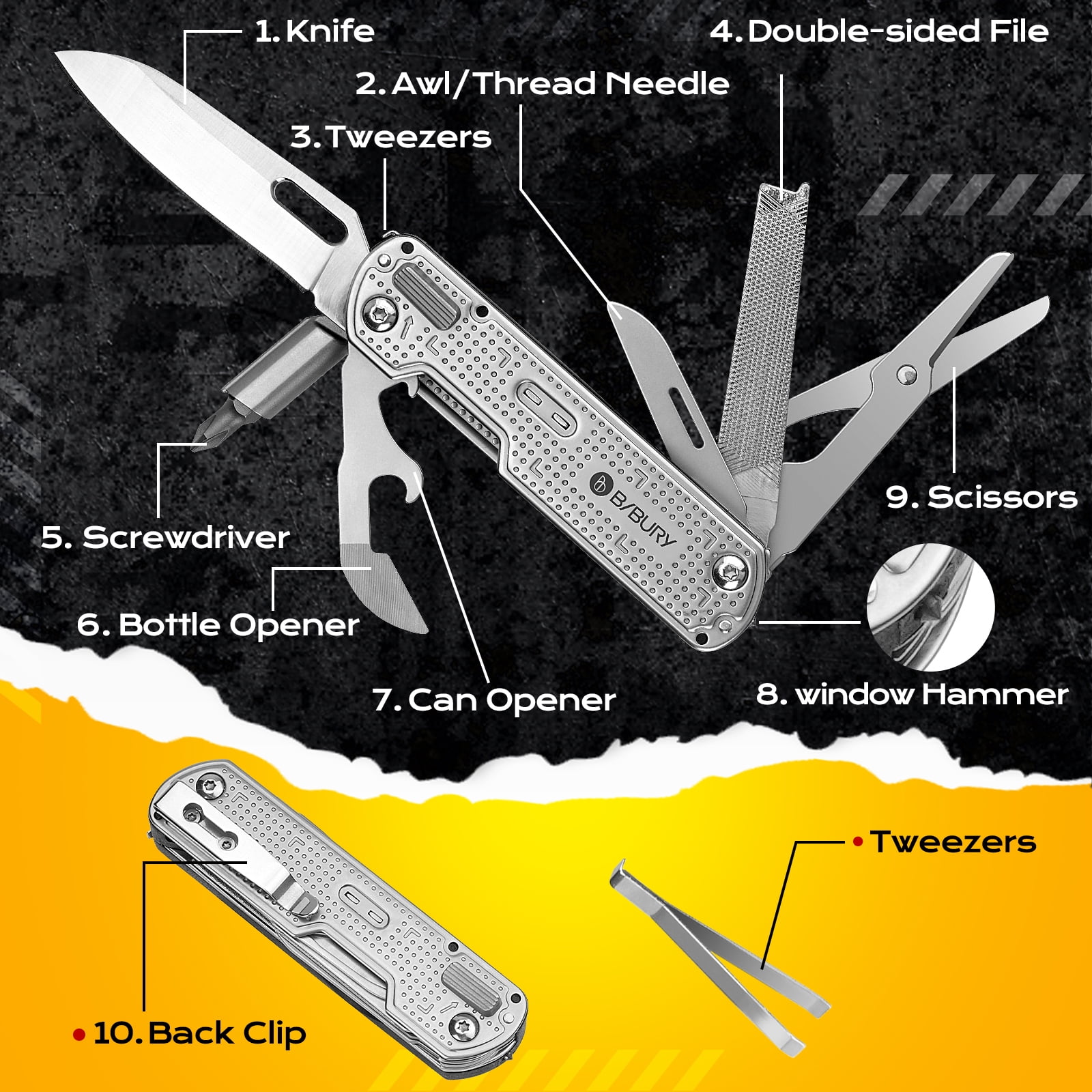 BIBURY Multitool Pocket Knife BI2056, Stainless Steel Multi Tool Knife with Clip, Folding Multitool EDC Knife with Magnetic Locking,Screwdriver,Large Scissors,Glass Breaker for Survival Camping