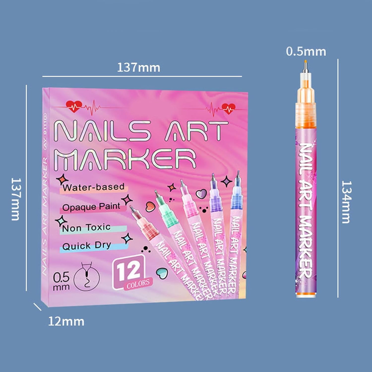 12 Colors Nail Art Pens Set,0.5mm/0.01in Fine Metal Tip,Quick-Dry Water-Based Pigment for Strong Coverage,Non-Toxic & Safe for DIY Gel Nail Design Drawing & Painting