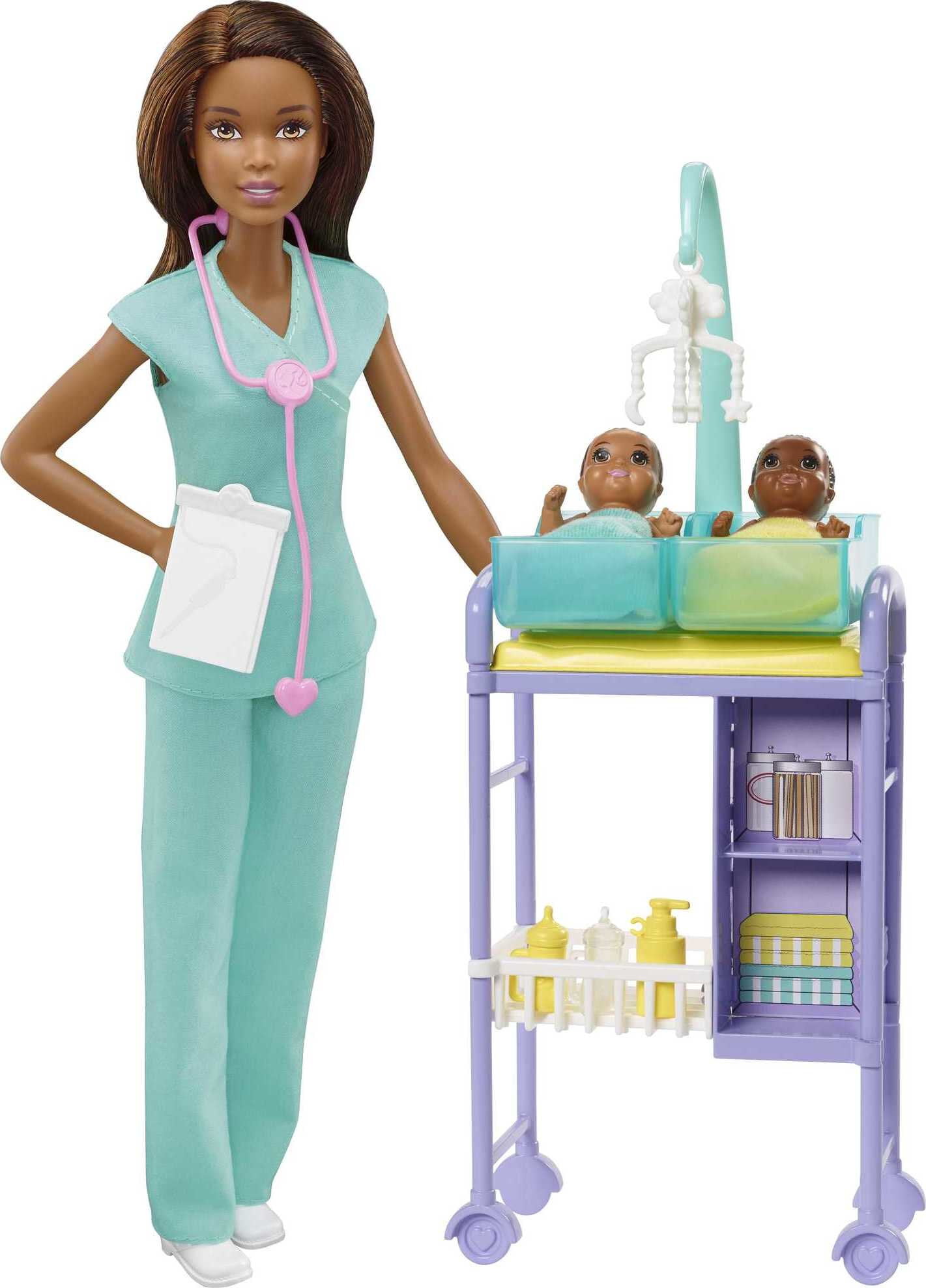 BARBIE Doctor DOLL WITH 2 BABY NEWBORNS ROCKING TABLE HAPPY FAMILY Midge Dr DR