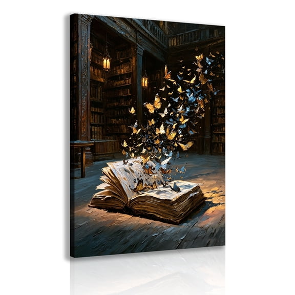 Magic butterfly book canvas art decoration wooden frame, reading corner printing, magical literature illustrations, fantasy book art, fantasy dark college style home decoration