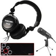 Tascam TH-02 Closed-Back Professional Headphones Podcasting & Content Creator Studio Bundle with Vivitar Condenser Recording USB Microphone for Podcast & Social Media and Deco Gear Large Mouse Pad