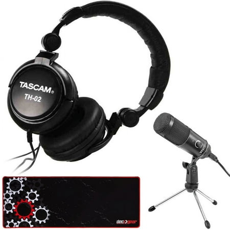 Tascam TH-02 Closed-Back Professional Headphones Podcasting & Content Creator Studio Bundle with Vivitar Condenser Recording USB Microphone for Podcast & Social Media and Deco Gear Large Mouse Pad