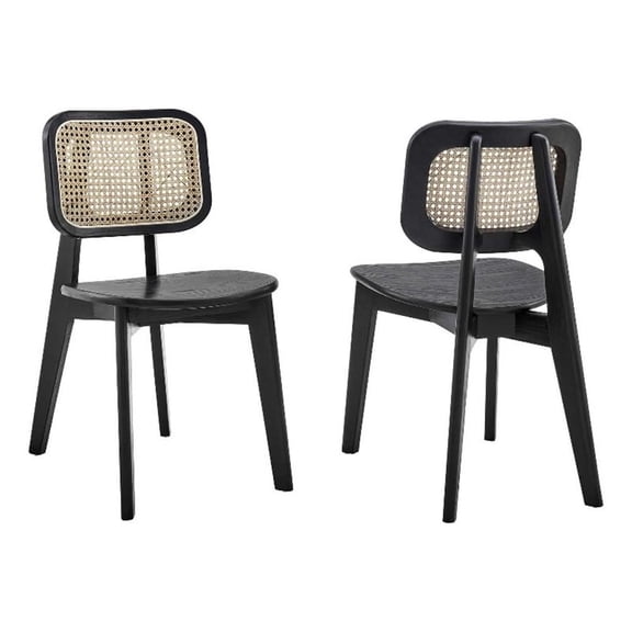 Maklaine 18" Modern Rattan and Wood Dining Side Chair in Black (Set of 2)