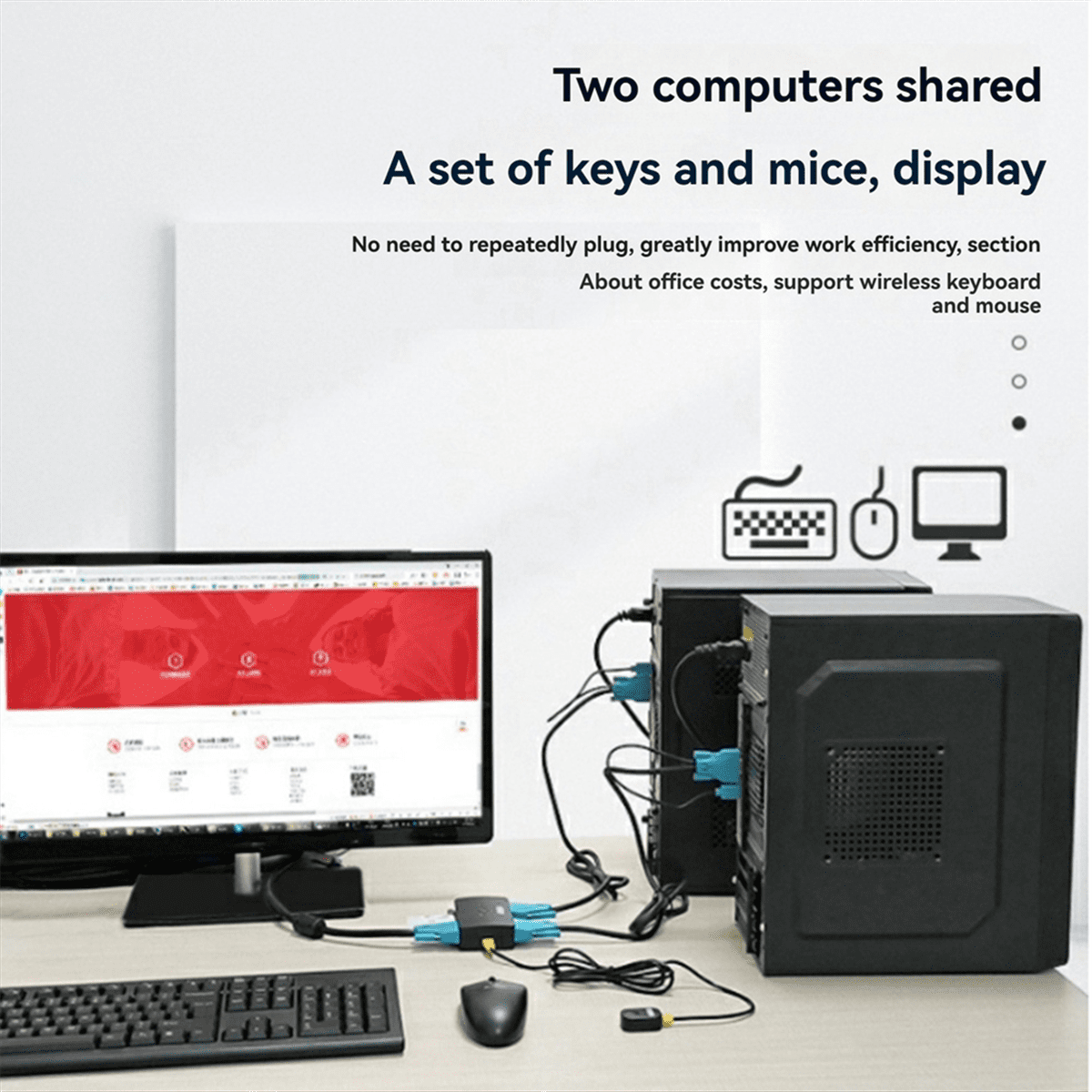 2-Port VGA KVM Switch Two-in-One-Out with Desktop Controller Shared Set of Keyboard, Mouse and Monitor,1 * VGA KVM Switch 1 * Desktop Controller 2 * VGA cable,Black