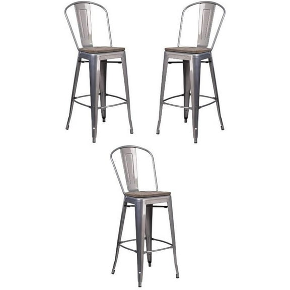 Home Square 30" Metal Bar Stool in Gray and Wood Grain - Set of 3