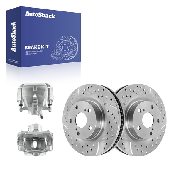AutoShack Front Vented Drilled & Slotted Silver Zinc Coated Brake Rotors   Calipers 4-PC Brake Kit Replacement for 2008-2015 Scion xB 2012-2017 Toyota Prius V SilverShield Pro 10.83" (275 mm)
