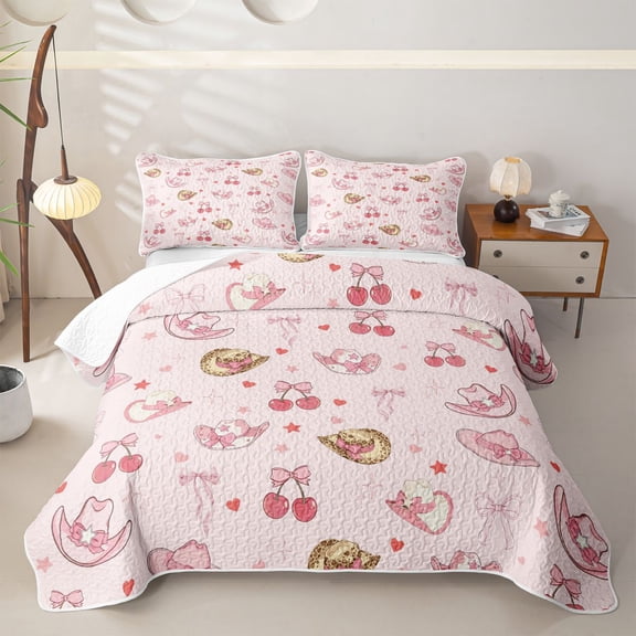 Homewish Pink Cowgirl Hats Cherry Bow Print Twin Quilt Set,Cute Heart Star Twin Coverlet Set For Girls,2-Piece