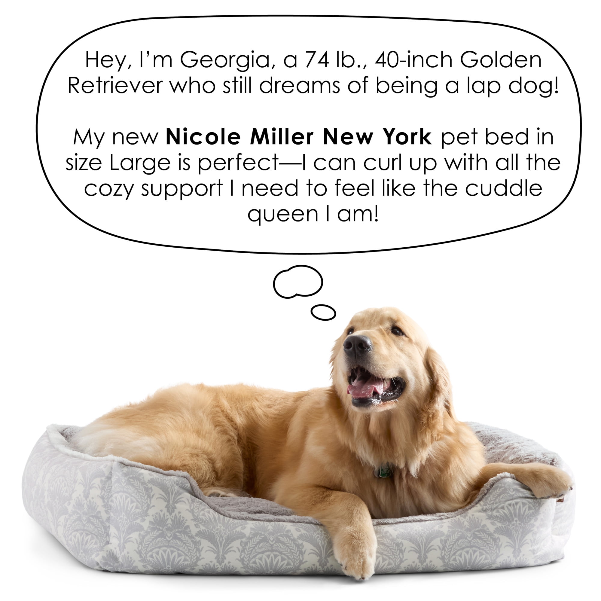 NICOLE MILLER NEW YORK PET Mod Damask Plushy Bolster Pet Bed, Cozy & Calming, Water Repellent, Non-Slip Bottom, 100% Machine Washable, Taupe, Large 35"x28"x8"