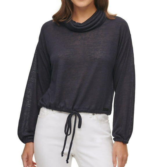 DKNY Womens Drawstring Pullover Blouse, Blue, Large