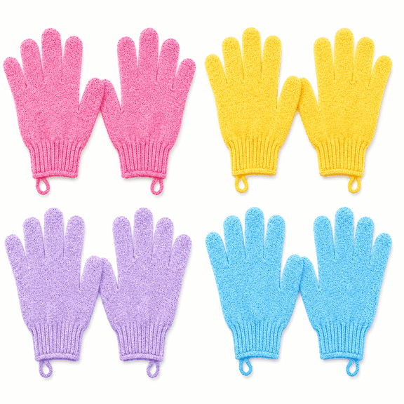 4 Pairs Body Exfoliating Gloves for Shower, Bath Scrub Wash Mitt for Women, Men, Spa, Massage (Pink, Purple, Blue, Beige)