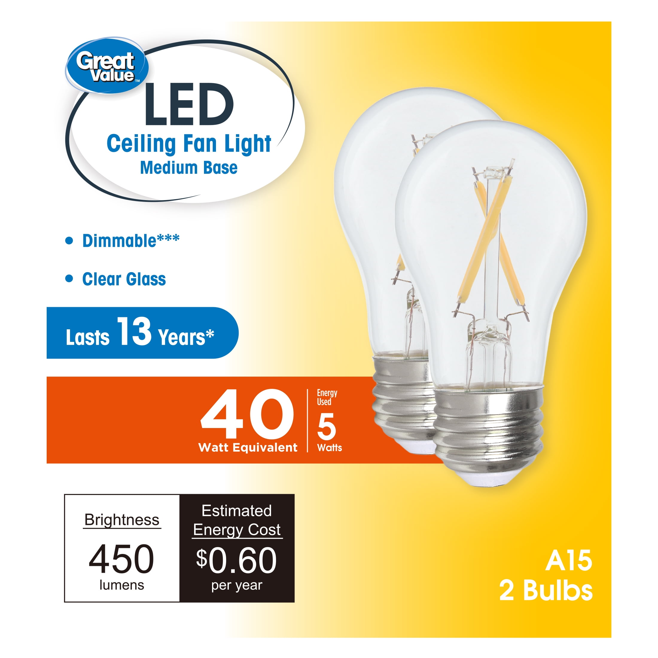(2 pack) Great Value LED Ceiling Fan Bulb 5W(40W Equivalent) Soft White A15 with E26 Base Dimmable, 2PK
