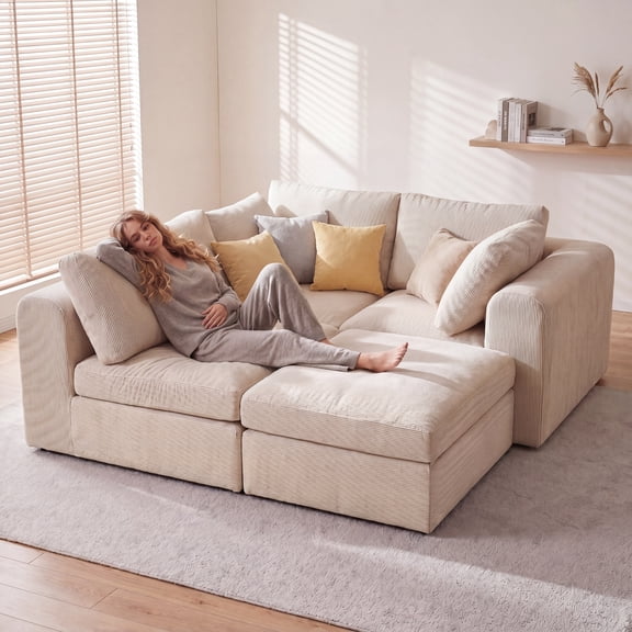 LOGYAT 103.5" L-Shaped Corduroy Cloud Sofa, 720lbs Capacity No Assembly, Convertible Boneless Sectional with Ottoman, Beige