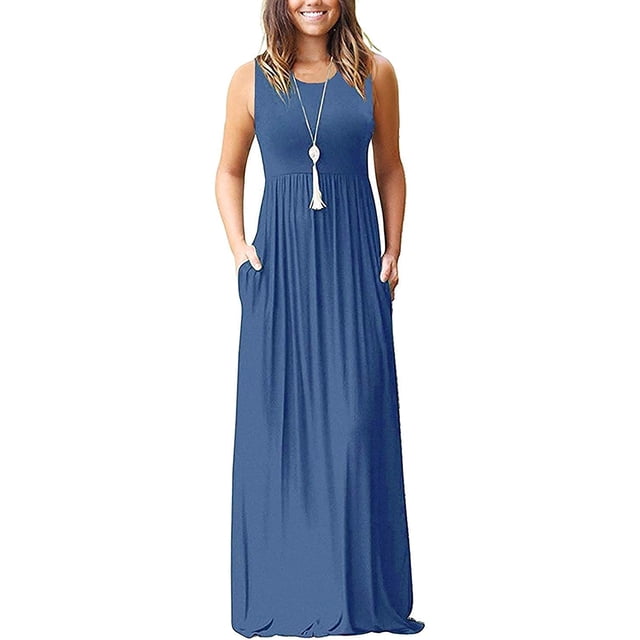 Vestido largo suelto sin mangas de verano para mujer Vestido largo casual con bolsillos Fokelyi FSHY034-59