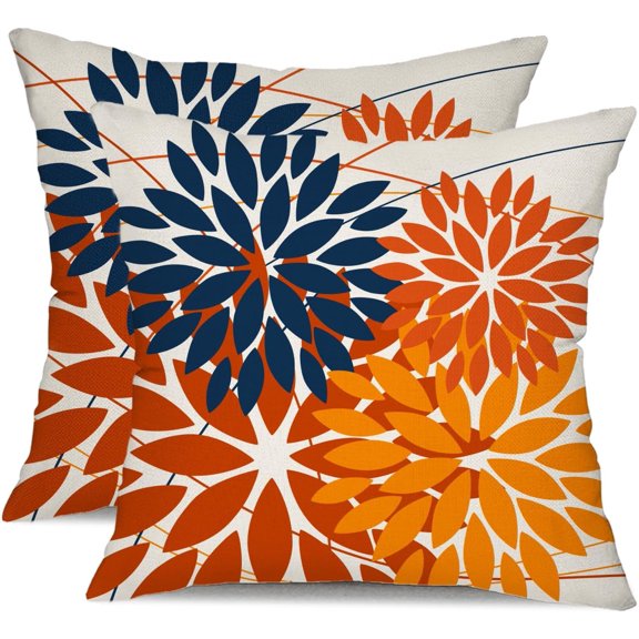 Outdoor Pillow Covers 18x18 Inch Set of 2 Blue Orange Flower Decorative Waterproof Summer Outdoor Fall Pillow Covers for Patio Funiture Garden Couch 168N18