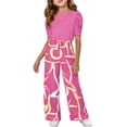 thumbnail image 2 of Babcutegg Girls Summer Two-Piece Outfit – Puff Sleeve Short Sleeve Top & Printed Wide Leg Pants Set for Kids Pink Size 5-6, 2 of 5