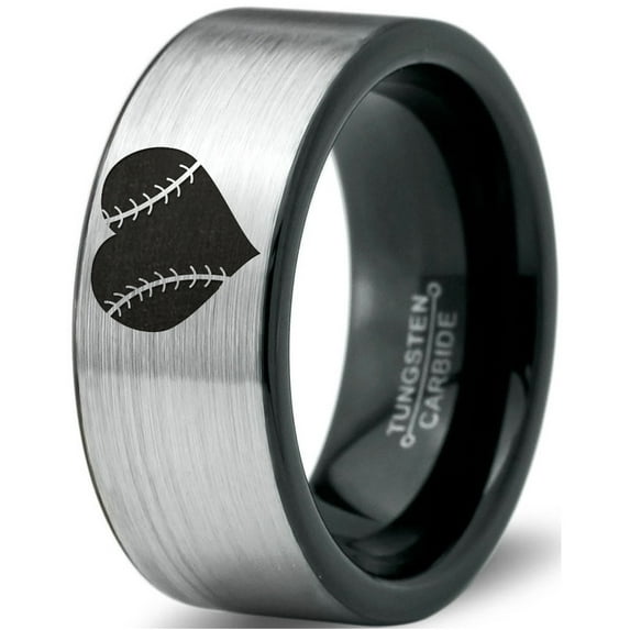Tungsten Heart Shaped Baseball Ball Band Ring 8mm Men Women Comfort Fit Brushed Gray Flat Cut Black Polished