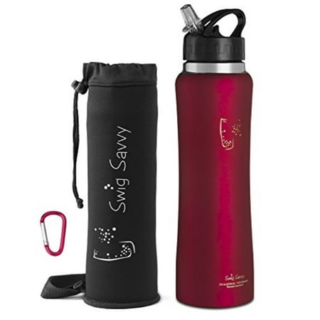SWIG SAVVY Stainless Steel Insulated Water Bottle Wide Mouth 24oz/32oz Double Wall Design with Straw Flip Cap - Great For Kids - Sweat Proof - Including Water Bottles