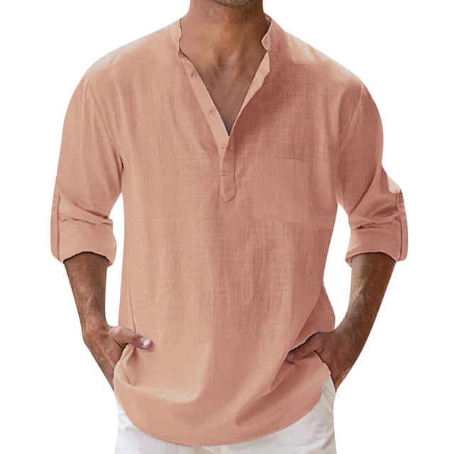 Camisa de manga larga con cuello alto, bolsillo y corte holgado para hombre, primavera-verano