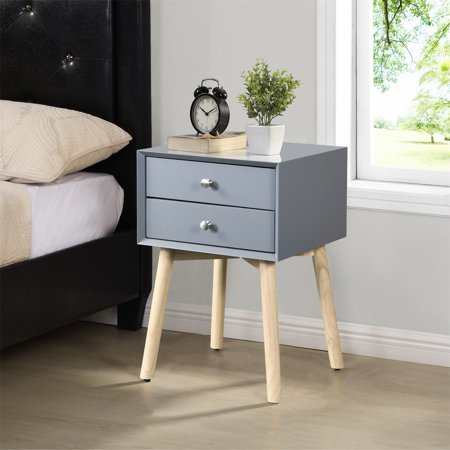 Nightstand Side Table  End Side Table Bedside Table with 2 Storage Drawer & Rubber Wood Legs  Corner Side Accent Sofa Table Storage Cabinet for Bedroom Living Room  Gray