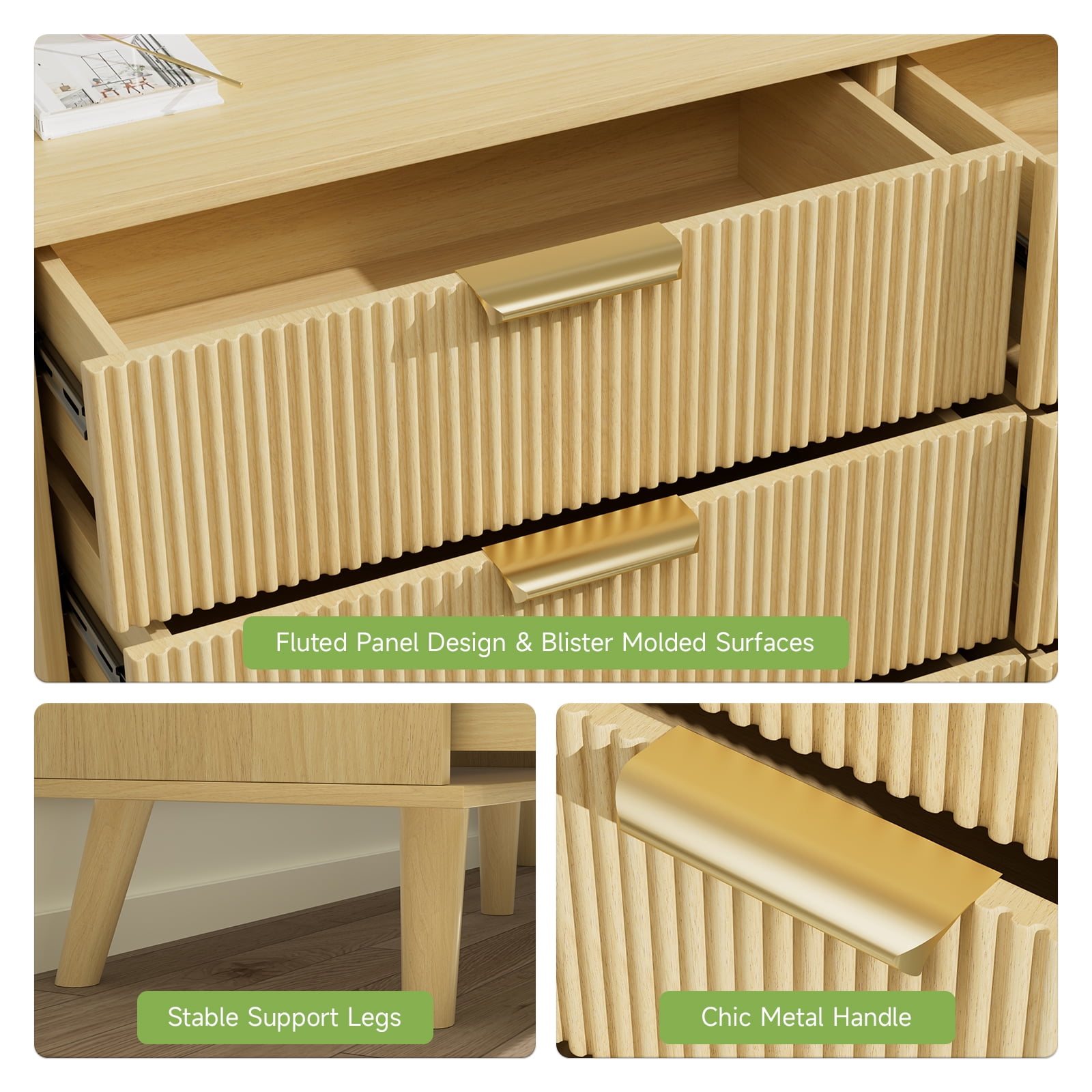 Lumiinofami 9 Drawer Dresser for Bedroom, Boho Fluted Wooden Chest of 9 Drawers Storage Cabinet for Living Room, Oak