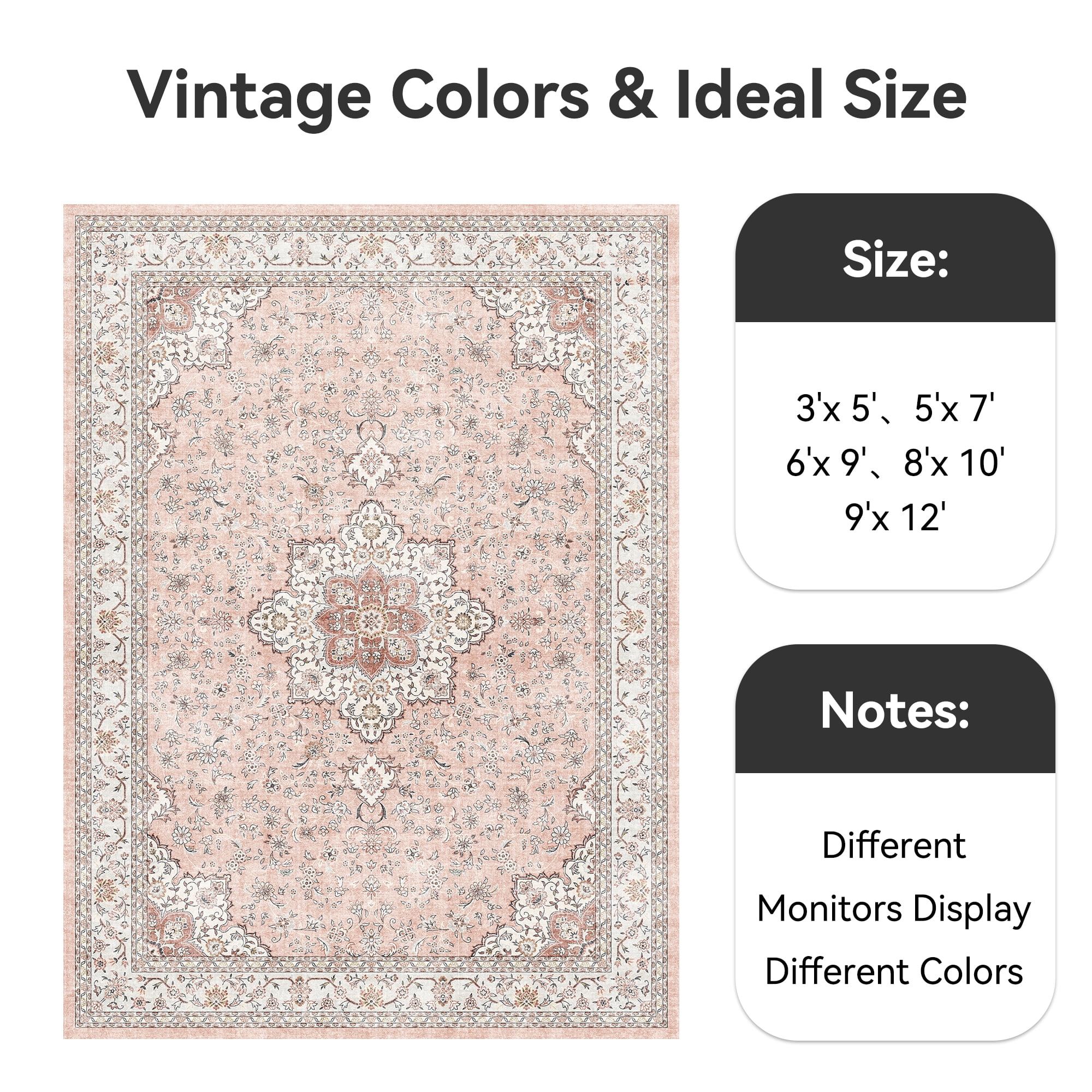 SIXHOME 9x12 Feet Washable Non-Slip Area Rug - Traditional Distressed Vintage Pink Rug with Retro Floral Design, Ultra-Soft Indoor Large Carpet for Living Room, Bedroom, Dining Room