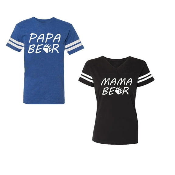 Papa Mama BearUnisex Couple Matching Cotton Jersey style T-Shirt Contrasting stripes on sleeves (Men Royal / Women Black) (Men S / Women S)