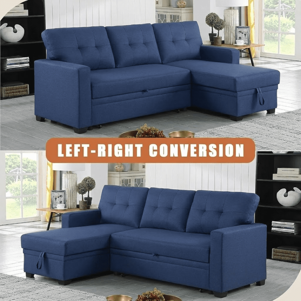 Howcool 82" Convertible Sleeper Sofa Bed, Pull-Out Couch with Reversible Storage Chaise, L-Shaped Sectional Couch with USB Charging, Linen Fabric Sofa for Small Living Room Apartment,Blue