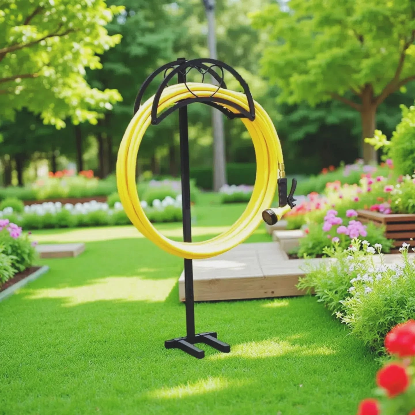 Seamika Garden Hose Holder Freestanding Hose Holder Heavy Duty Metal Hose Reel Stand Water Hose rack For Outside,Black
