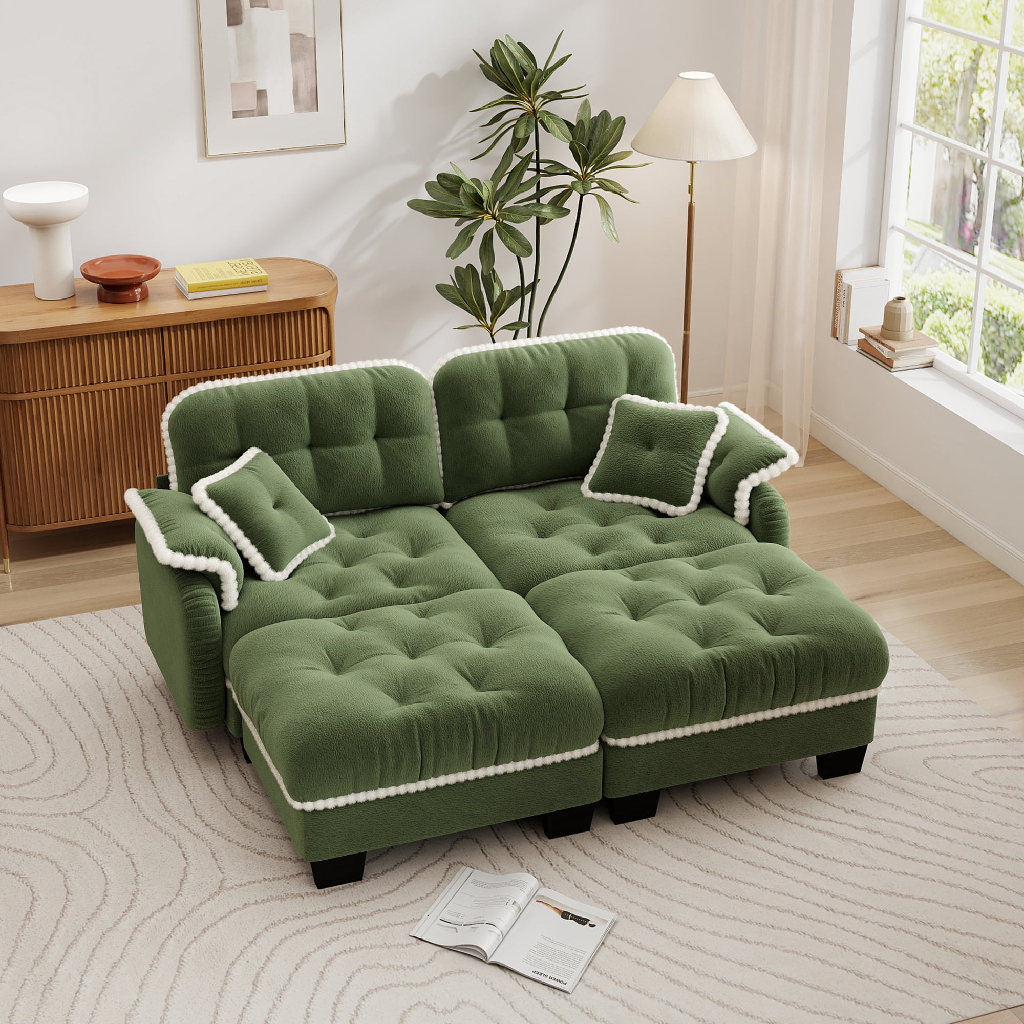 Aenkyo 70" Chenille Modular Sectional Sofa with 2 Ottomans, 23.8" Deep Seat, Green