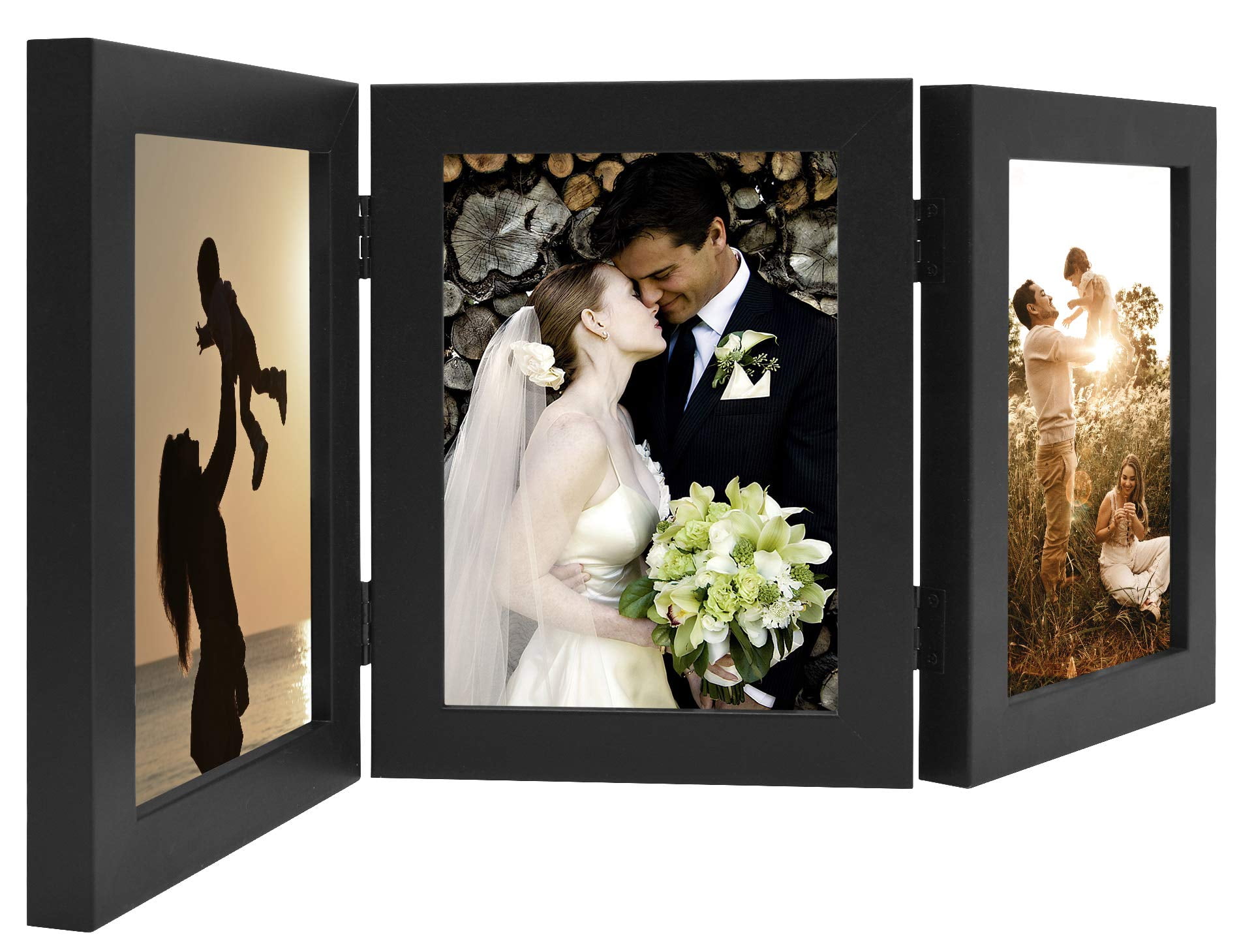 Golden State Art 5x7 3-Opening Trifold Hinged Collage Picture Frames with Real Glass, Black, 2-Pack