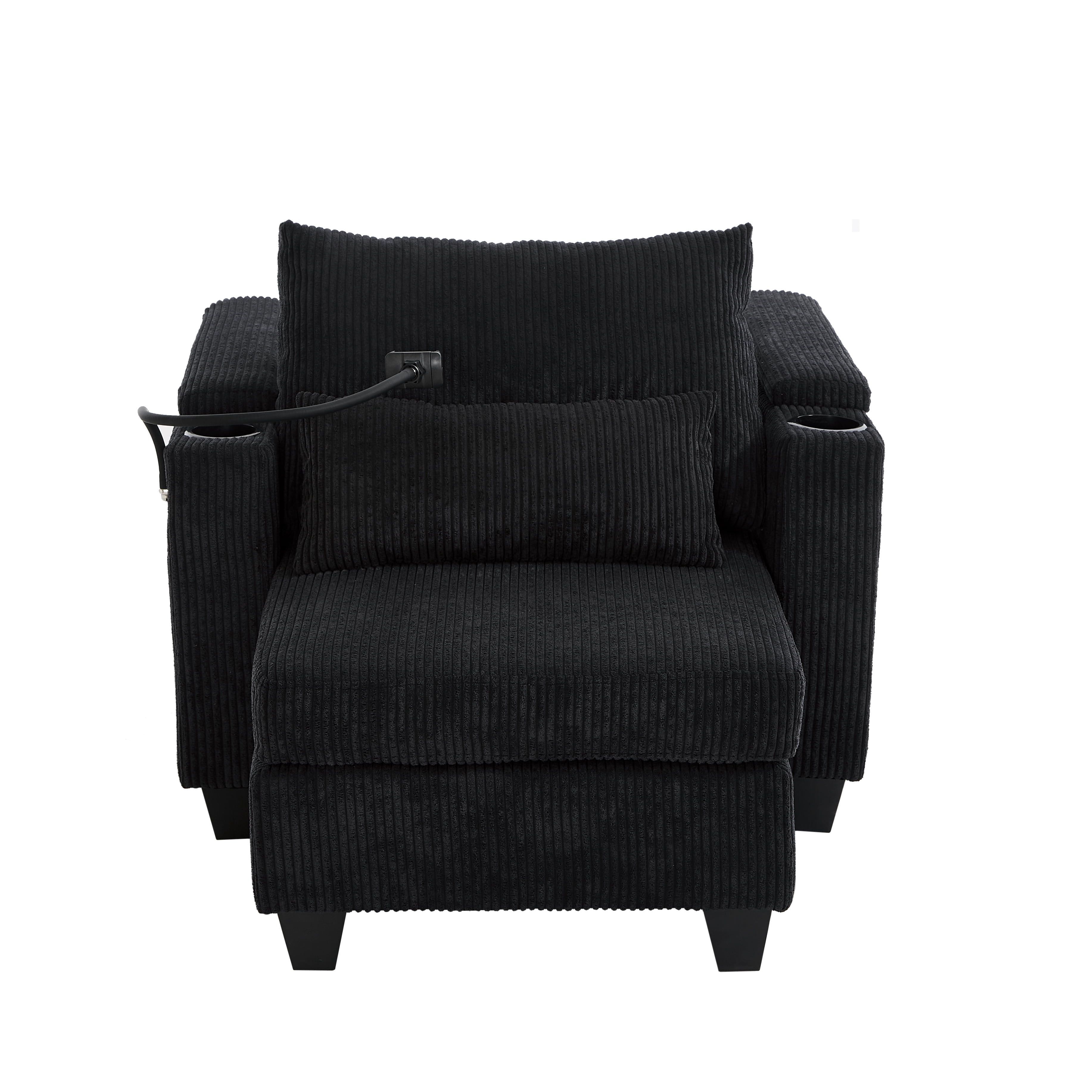 Euroco Convertible Sofa Chair with Chaise Lounge Extension, Hidden Armrest Storage, USB Charging Ports, Phone Holder & Cup Holders, Corduroy Fabric Recliner with Lumbar Pillow, for Small Spaces