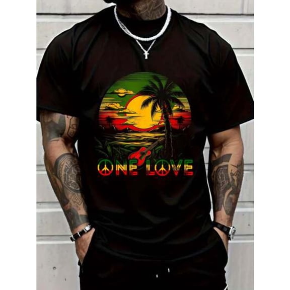 【New Arrival】One Love Reggae T-Shirt Men's Caribbean Sunset Graphic Tee Casual Short Sleeve Top Black