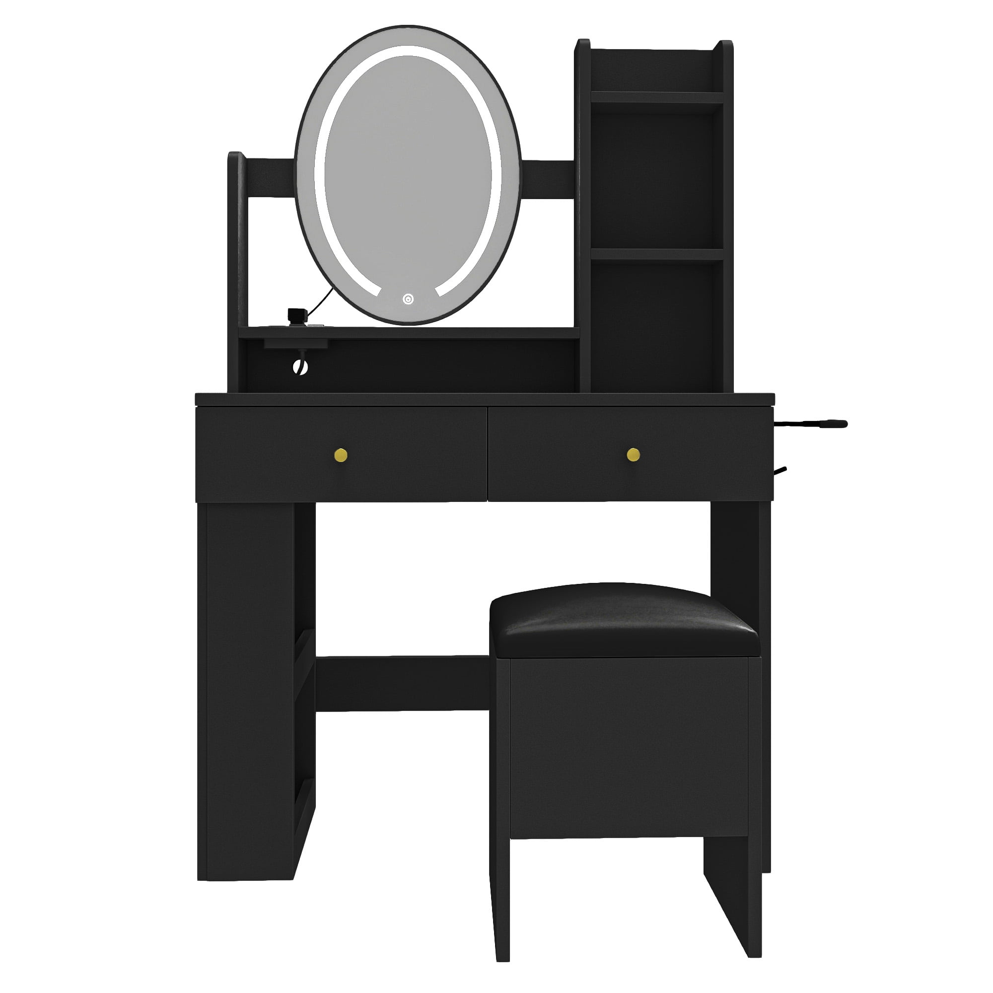 Uforic Vanity Table with 3 Lighting Colors, 2 Drawers, and Cushioned Stool - Black